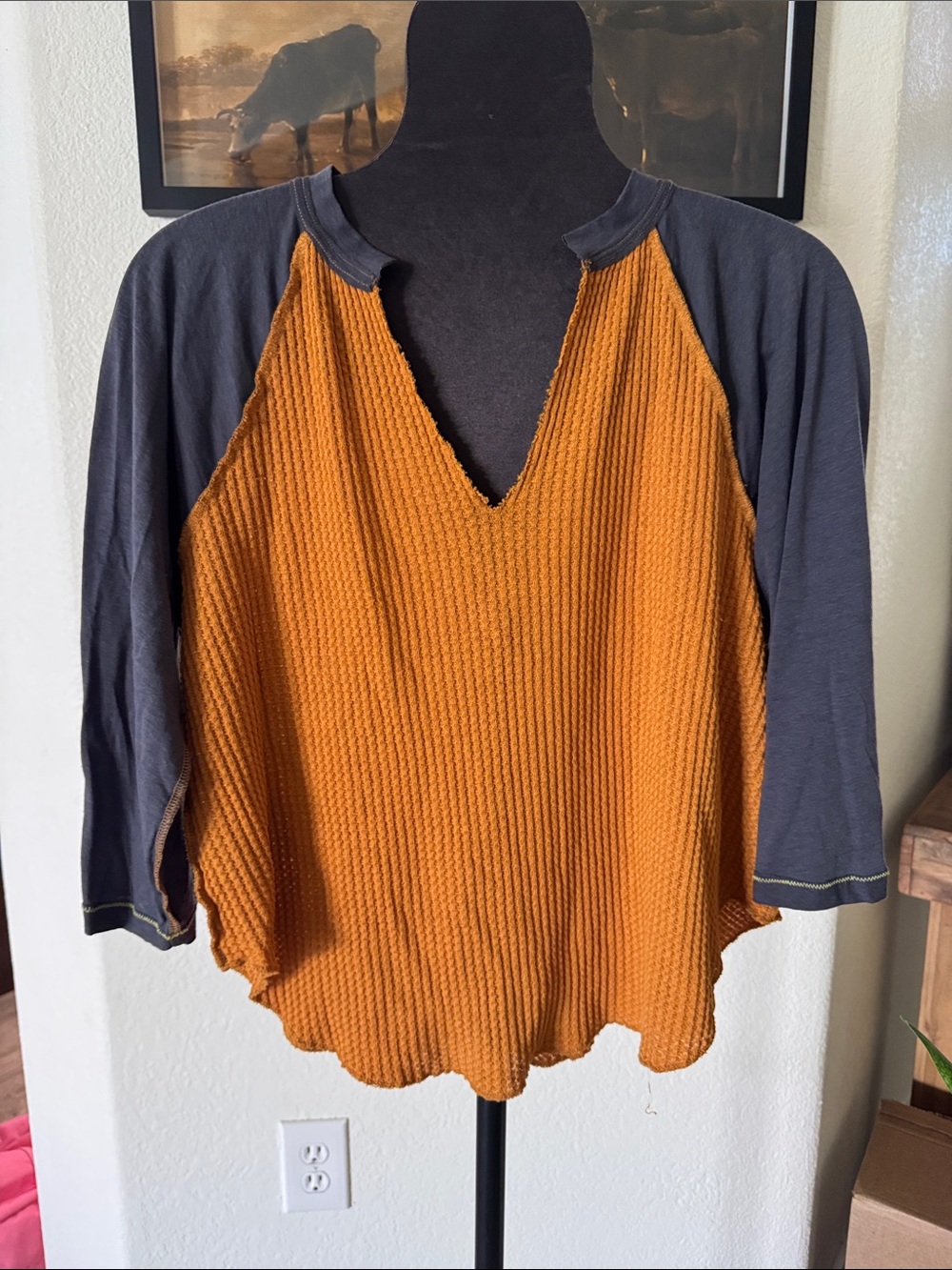 We The Free Two-Tone Waffle Knit Raglan Top in Mustard and Charcoal